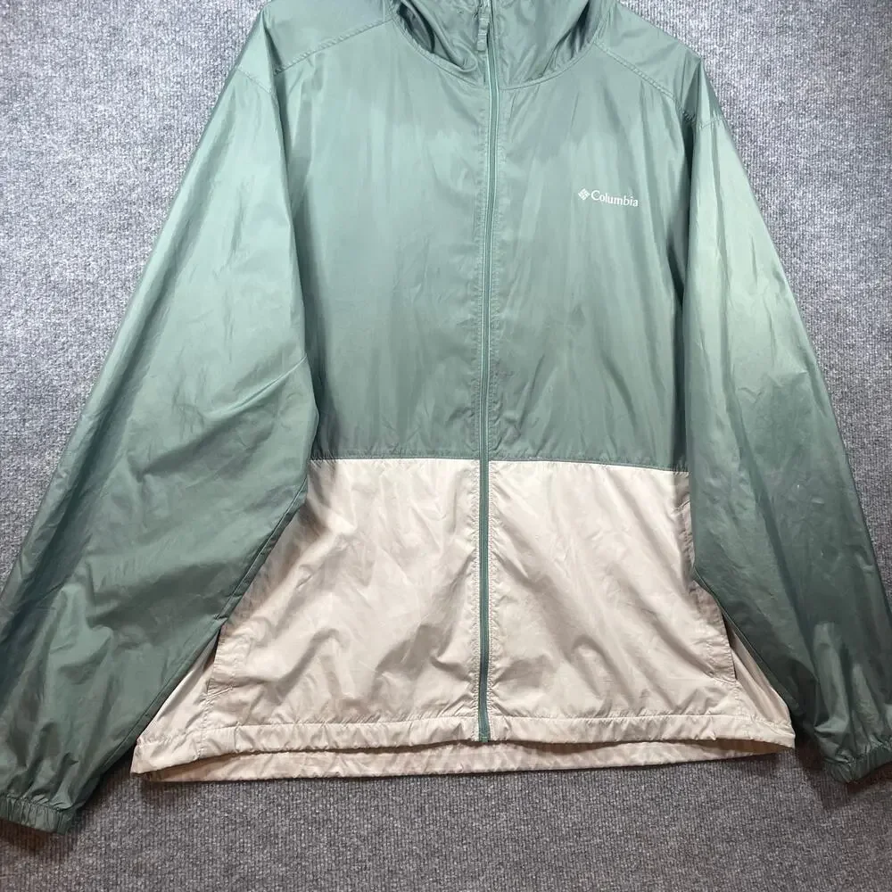Columbia Windbreaker Jacket Men's XL Green/Beige Full Zip Hooded Light READ